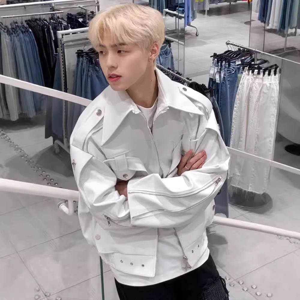 Men's High-End White Leather Motorcycle Jacket - American Retro Spring/Autumn Trend