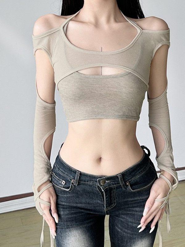 Neck segmentation hollow autumn and winter strap top women's T-shirt design slim long sleeve dancing fake two pieces deconstruction solid color