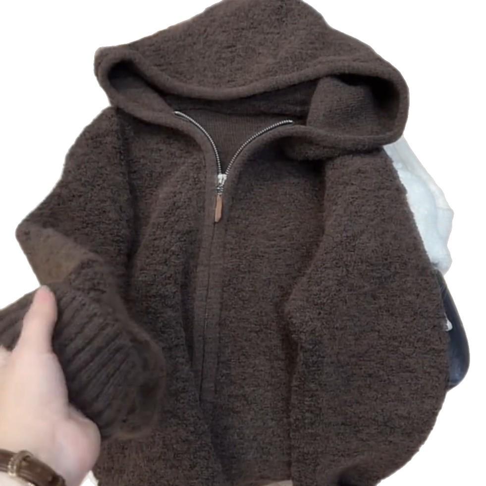 Stylish Retro Melard Women's Winter Outfit: Thick Plush Zip-Up Hooded Sweater Cardigan