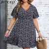 BITCED Plus Size Women's Sun Dress Summer Floral Short-Sleeve Wrap V-Neck A-Line Dress