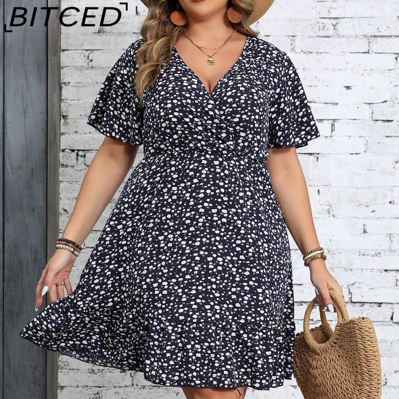 BITCED Plus Size Women's Sun Dress Summer Floral Short-Sleeve Wrap V-Neck A-Line Dress