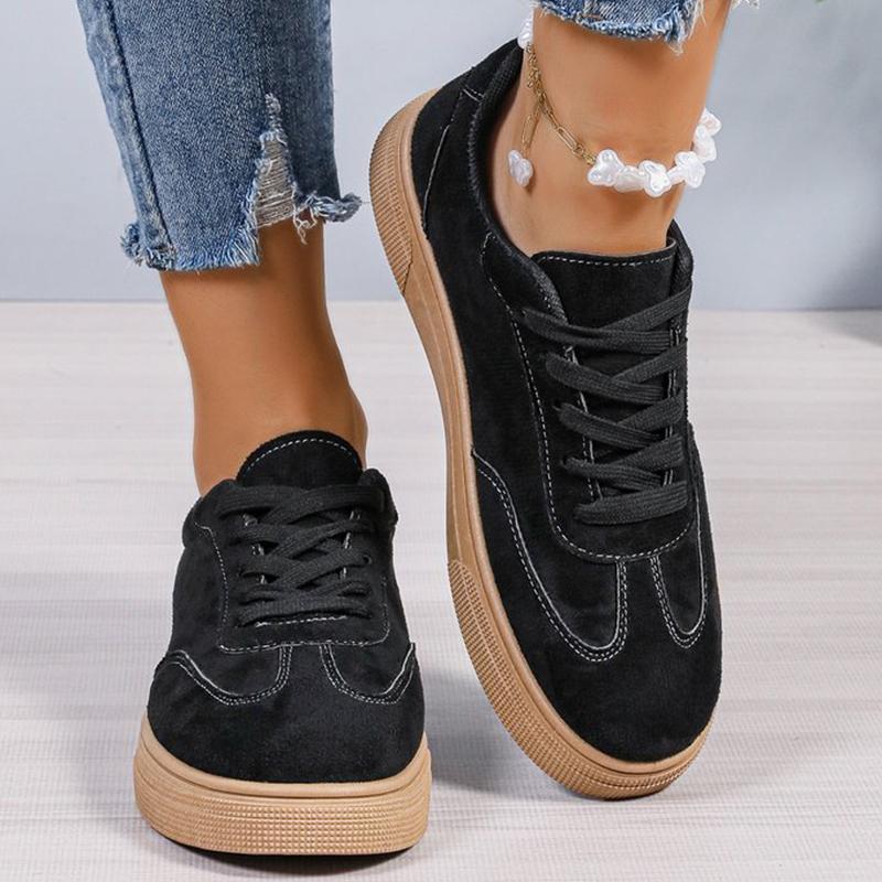 Fashion All Match Black Faux Suede Sports Shoes for Women Lace Up Low Top Sneakers Woman Sewing Wear Resistant Vulcanize Shoes Ladies