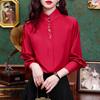 New Chinese-style Red Tops for Women's Long-sleeved Spring New Chinese Style Embroidered Shirt Tang Suit Stand Collar Shirt