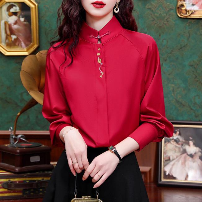 New Chinese-style Red Tops for Women's Long-sleeved Spring New Chinese Style Embroidered Shirt Tang Suit Stand Collar Shirt