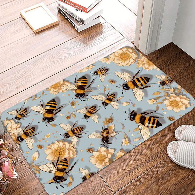 Bees and Flowers Printing Non-Slip Small Rug Waterproof Easy Clean Floor Mat for Indoor Outdoor Use Durable Home Decor Fashion