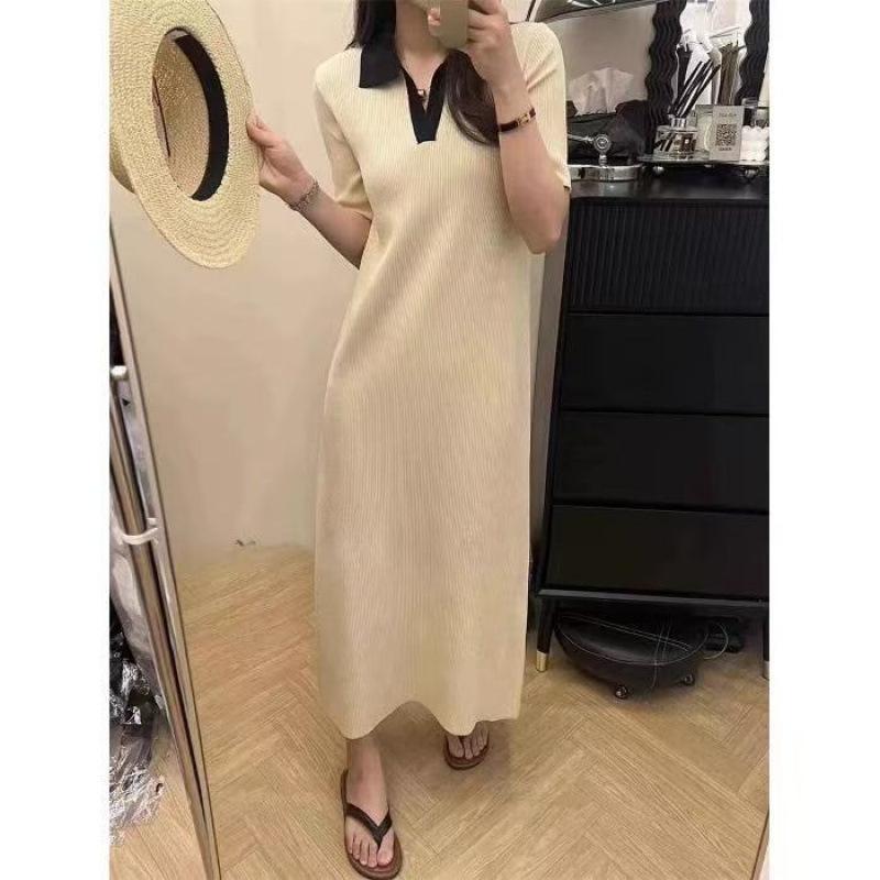 Maternity Summer 2026 French High-End Polo Collar Long Sleeve Ice Silk Dress XL