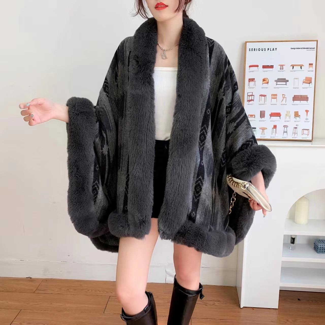 

2022 зимняя верхняя одежда с рукавами «летучая мышь», длинная свободная накидка из искусственного меха, женское вязаное пончо с принтом, утепленное теплое уличное пальто One Size