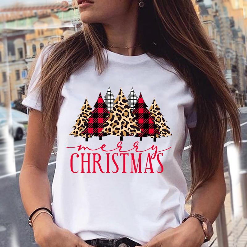 Christmas Animal Merry Chris Print Summer Loose Round Neck Pure Cotton Short Sleeved Shirt T-Shirts Women’s