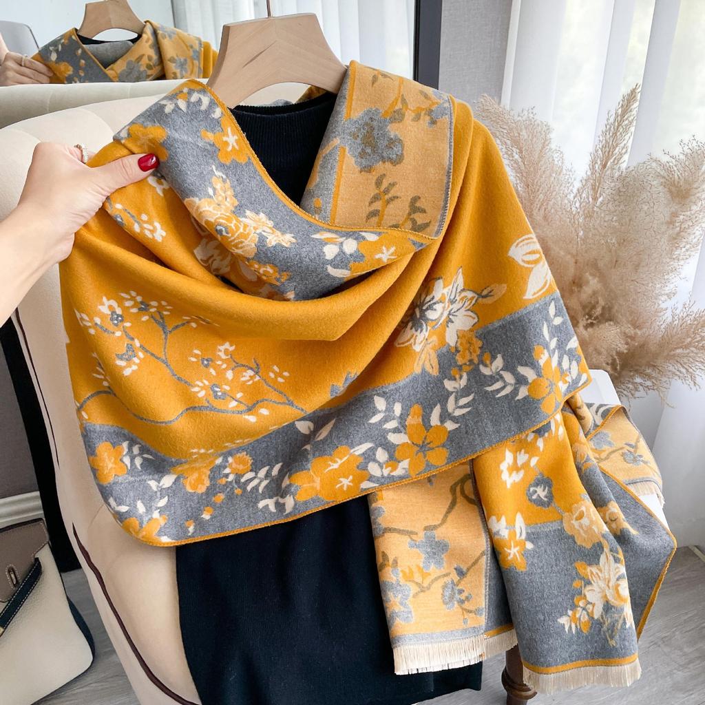 Szalik Damski Imitacja Kaszmiru, Szal Dwustronny w Kwiaty w Stylu Retro Chińskim, Gruby i Ciepły