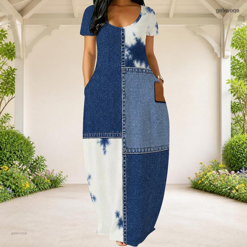 Women Plus Size Round Neck Short Sleeve Blue White Printed Loose Maxi Dress With Side Pockets
