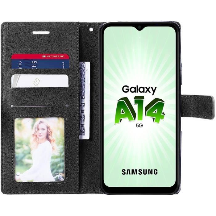 Coque de protection - booling - pour samsung galaxy a14 4g/5g - effet cuir noir - antichoc - portefeuille