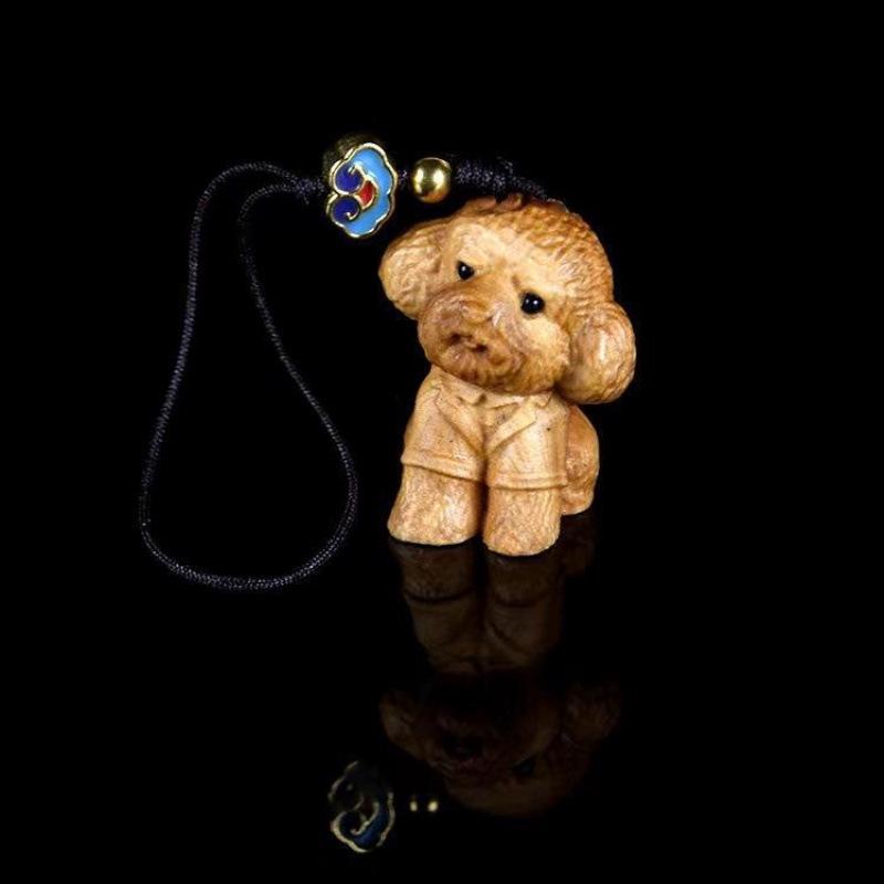 Cliff Cypress Wood Carved Teddy Dog Tea Pet - Zodiac Puppy Ornament for Home Decoration