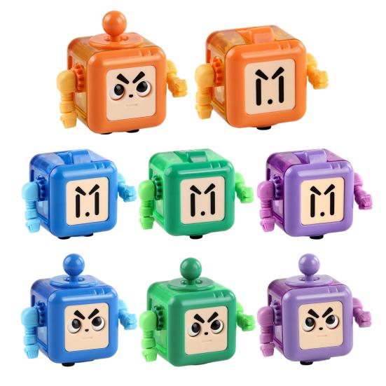 6-Side Stress Relief Cube Toy Multifunctional Anxiety Relief Cartoon Robot Sensory Cube with Spinning Arm Popping Button Joystick Toggle Switch