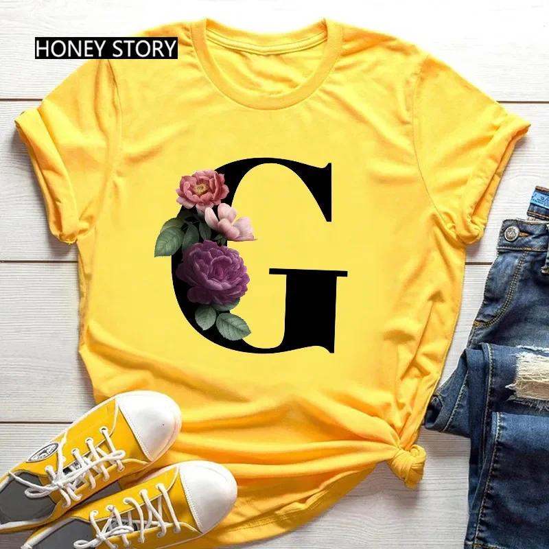 Women's Summer Short Sleeve T-Shirts Fashionable Casual Round Neck 26 English Letters Flower & Name Letter Printed Cotton T-shirts