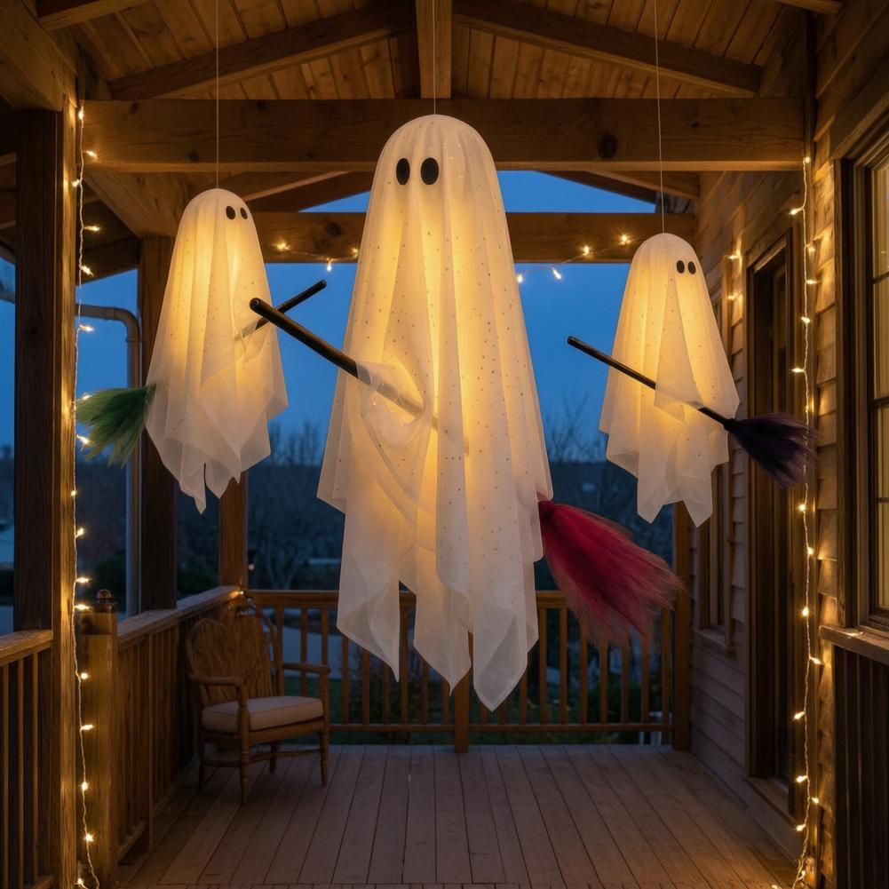 1Pcs Halloween Hanging Ghost Decor With Broom Warm Light Sheer Sparkly Fabric Ornament for Tree Porch Yard Indoor Outdoor Party