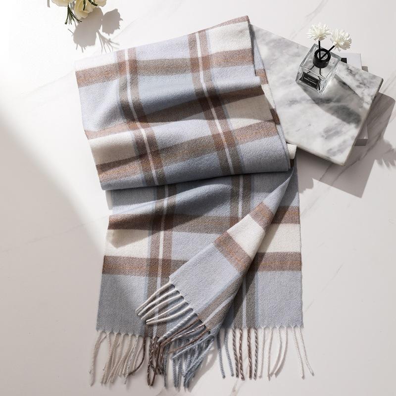 Autumn and winter new lamb wool scarf women's light luxury high-end plaid narrow scarf fringed versatile warm scarf