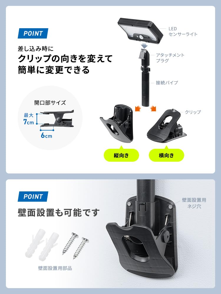 E-Supply Clip-on Sensor Light, Solar Powered, LED, Outdoor, IP65 Waterproof, Motion Sensor, USB Charging, Adjustable Angle, No Wiring Required, for Fe