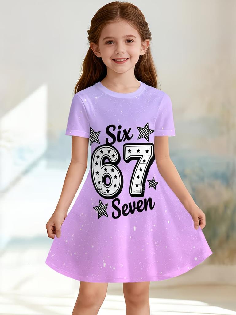 67 Meme Dress for Girls Cute Pink Stripe Star Number 3D Print Short Sleeve Summer Dresses Loose Round Neck Children Clothes Girl