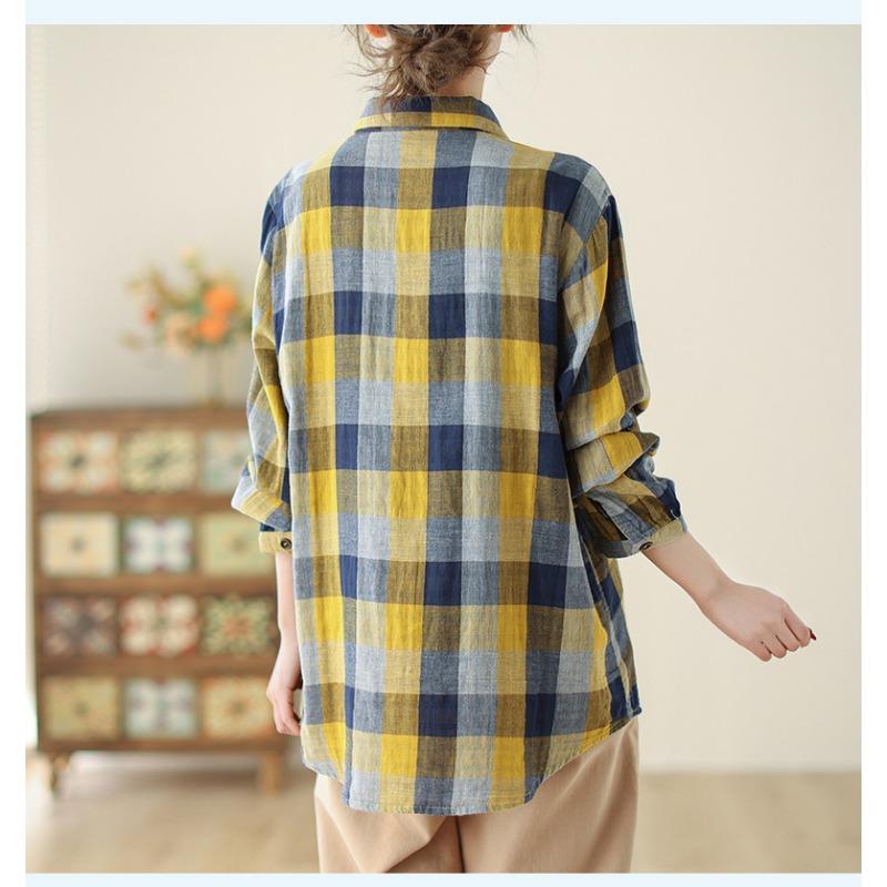 Long Sleeve Lapel Button Down Chest Pocket Shirt Women Art Retro Loose Double-layer Cotton Yarn Plaid Shirts Top for Women