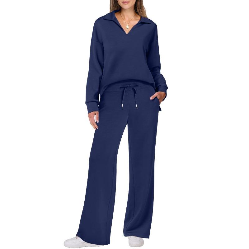 VEZFAA Damesmode Casual Lente Herfst Effen Kleur Print Lange Mouw POLO Hals Broek Pakken