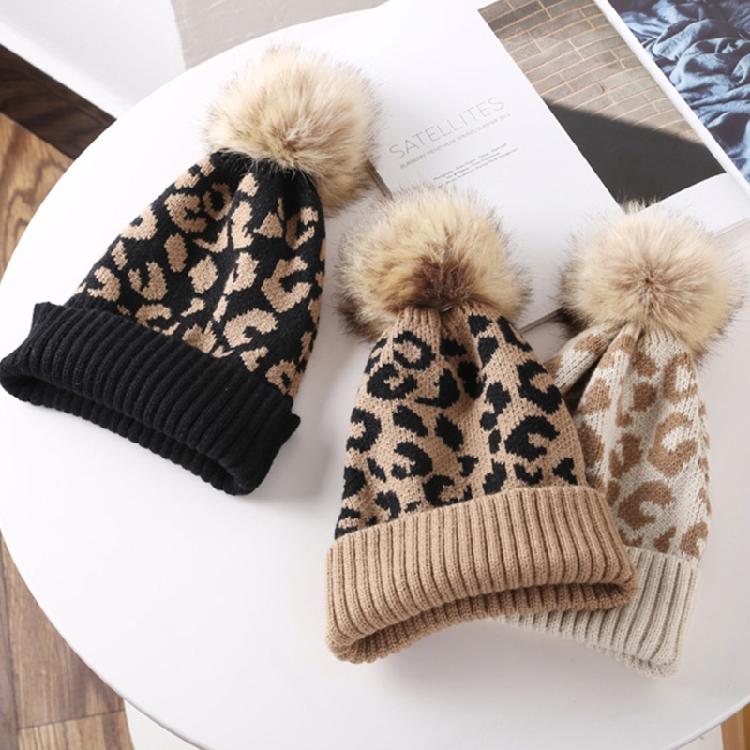 Leopard-print Knitted Wool Cap for W/Pompon Women Beanie Outdoor Casual Winter H