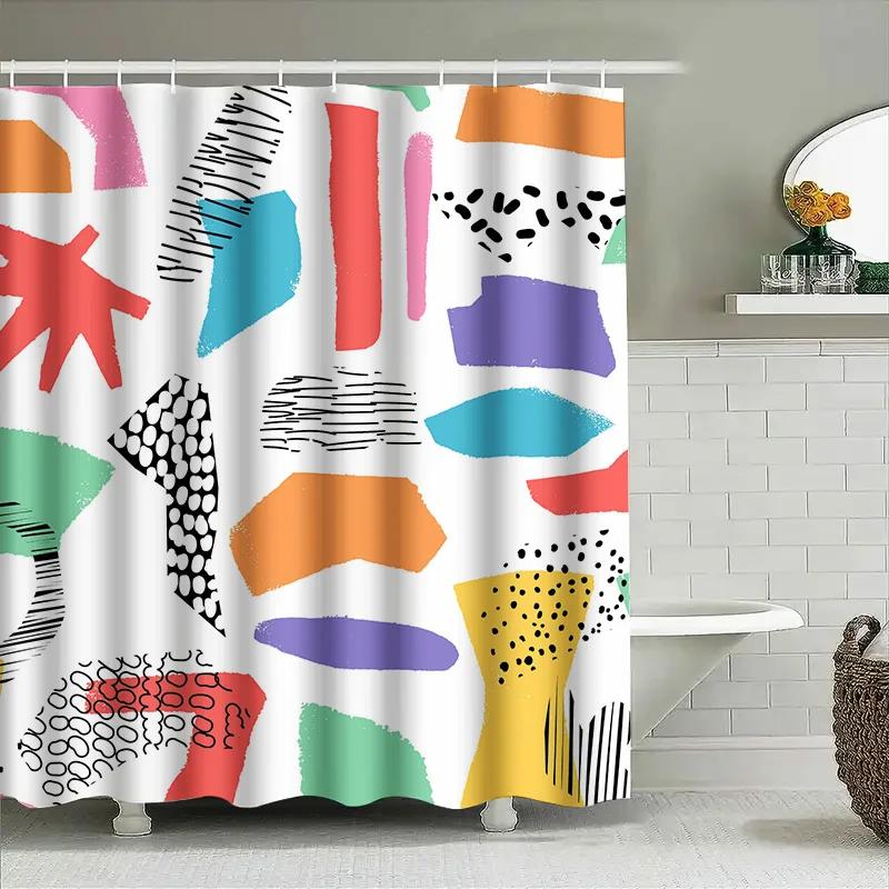 Colorful Geometric Shower Curtain Bold Abstract Design For Modern Bathrooms Polyester Fabric With Hooks Set Multicolor Decorativ