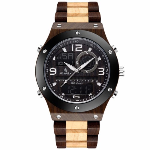 

RORIOS watch Men s Wooden Waterproof Watch with Date Display, Digital Display, Luminous LED Light, Chronograph, Unique Lightweight Quartz Movement, Po