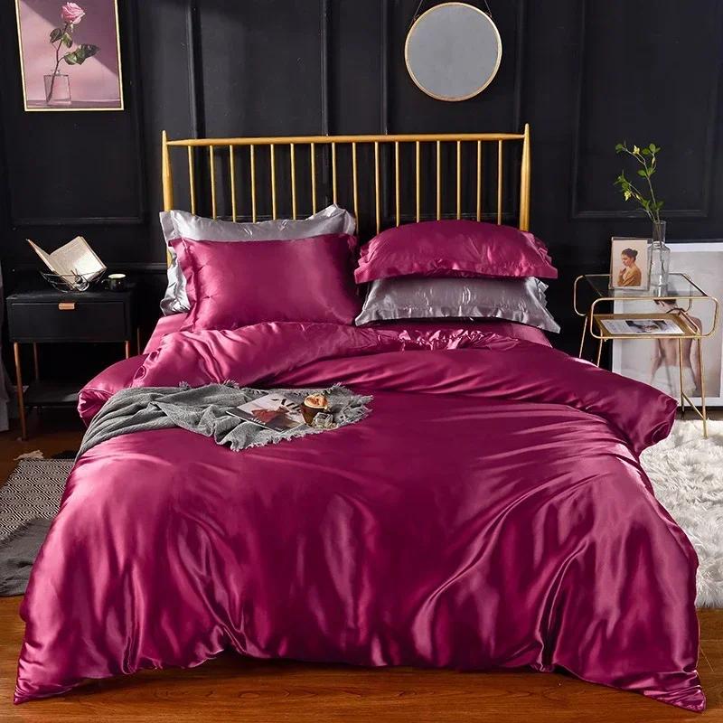 Hochwertiges Fleckenschutz-Bettwäsche-Set Doppelbett Imitation Seide Luxus-Bettwäsche-Set Queen Bequeme Seidige Deckenhülle Bettdeckenbezug-Set