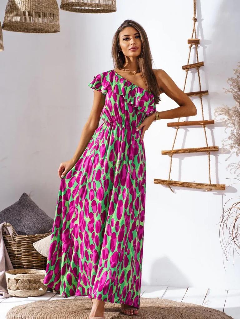 European and American Summer New Waist Off-the-shoulder Printed Long Casual Dress for Women