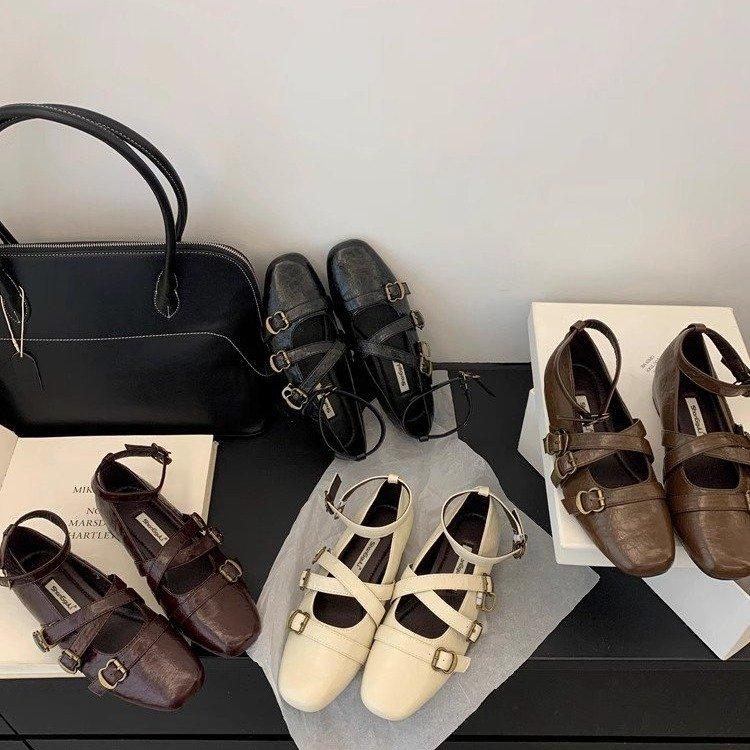 Soft leather version! Retro inner height increase shallow mouth Mary Jane shoes women's design sense cross belt buckle versatile casual single shoes