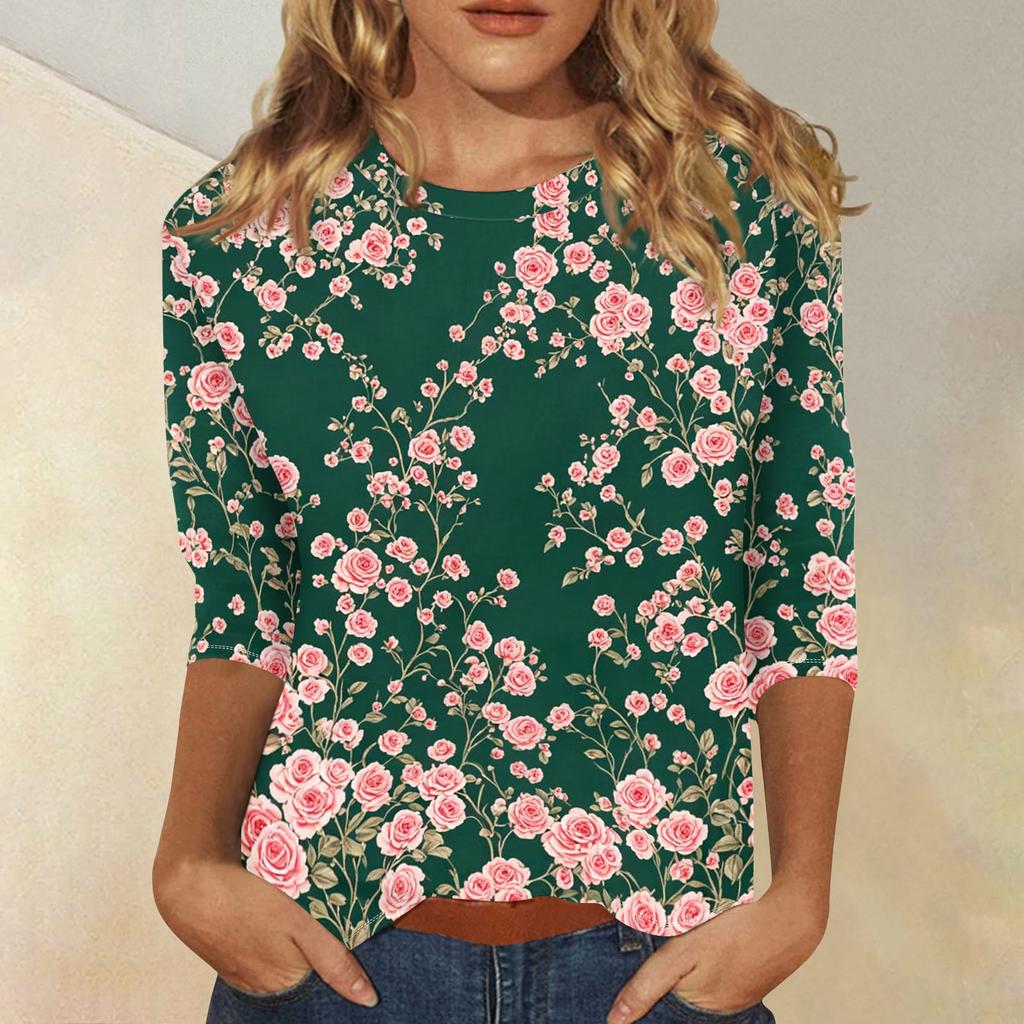 Womens Casual Three Quarter Sleeve Floral Print Crew Neck Top Relaxed Fit Lightweight Pullover Blouse for Everyday Wear