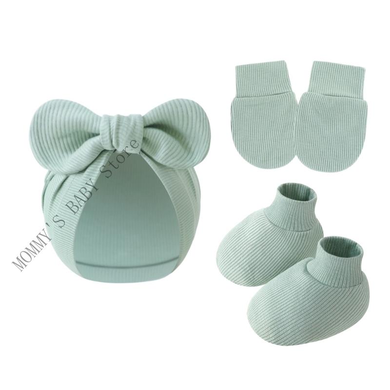 

Baby Boys Girls Cotton Bonnet Caps Mittens Socks Set 3-Piece Scratch Protections Gloves Bowknot Hat for Newborns