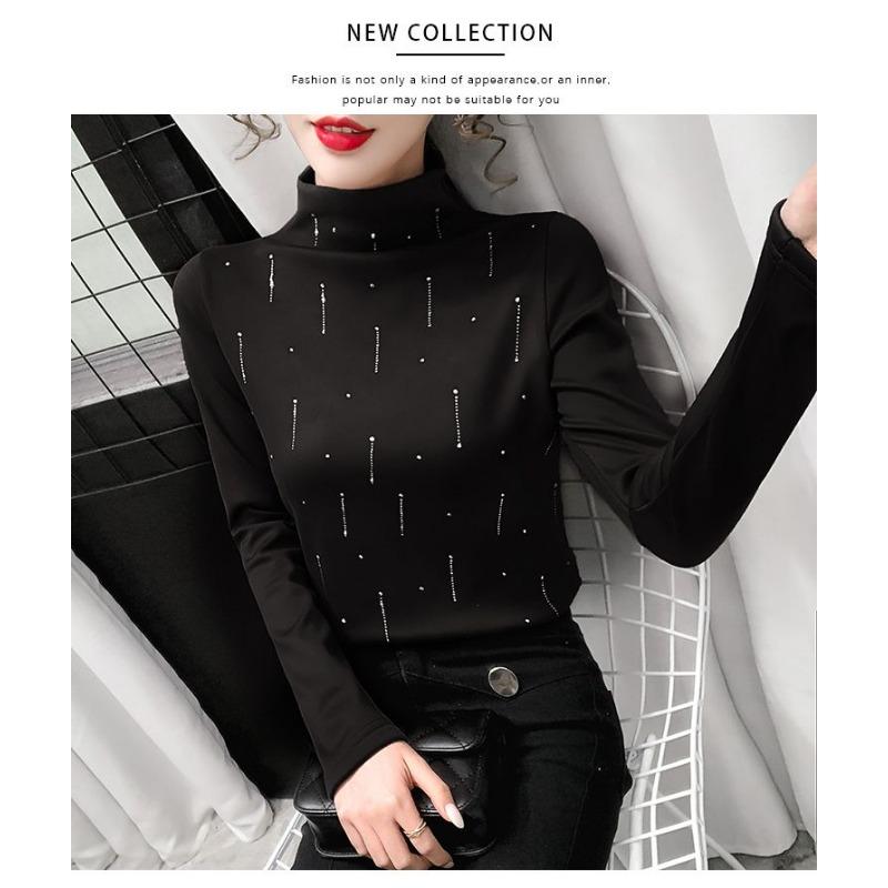 

Двусторонний немецкий бархат с полувысоким воротником для женщин, плюс бархатная футболка с длинным рукавом, осенне-зимний топ с инкрустацией бриллиантами XXL