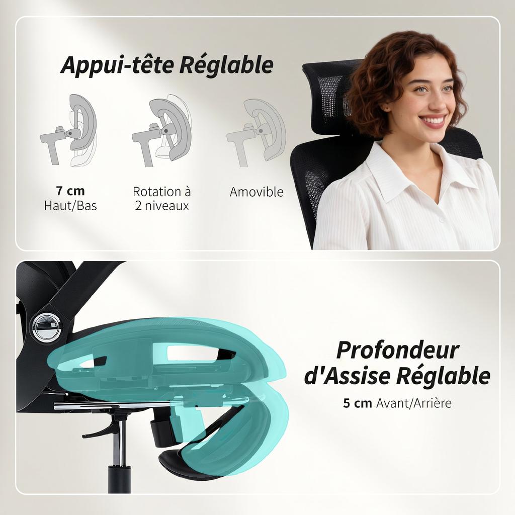 Office Chair, Ergonomic, 4D Armrests, Adjustable Headrest and Seat Depth, Black Mesh