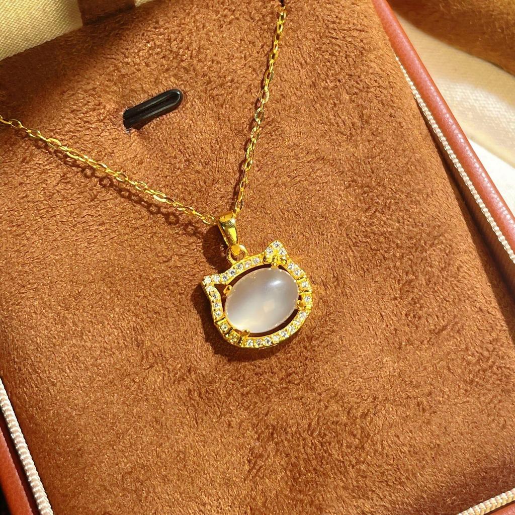 S925 Sterling Silver Chalcedony Cat Necklace with Zircon Pendant