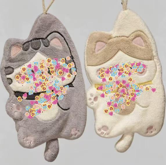 Cartoon Cat Coral Fleece Hand Towel - Absorbent Hanging Towel for Kitchen or Bathroom