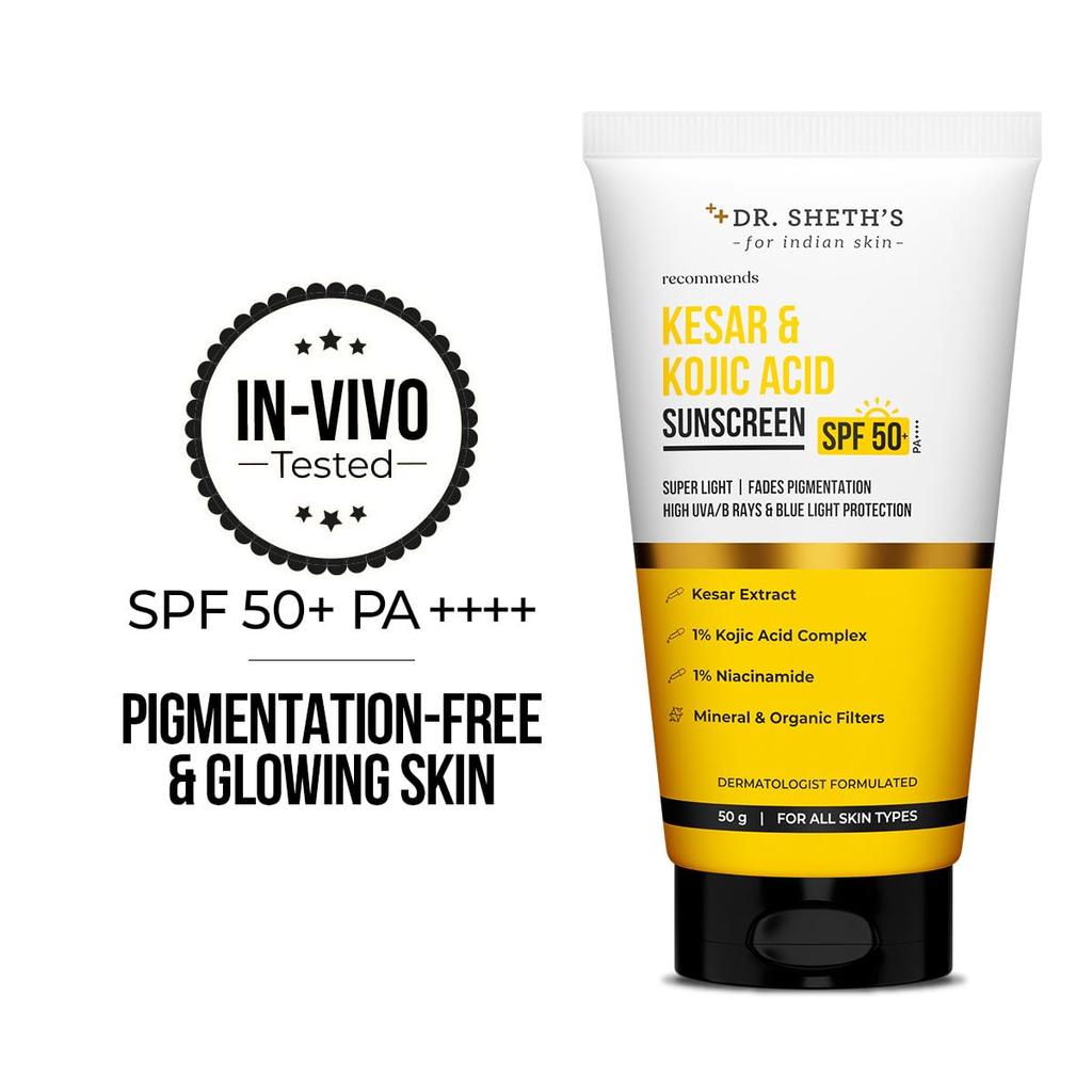 Dr. Sheth's Kesar & Kojic Acid Sunscreen | In-Vivo Tested | Pigmentation-Free, Glowing & Protected Skin | SPF 50+ PA++++ | Lightweight, Zero Whit