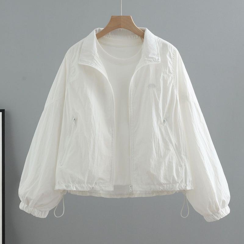 Summer Lightweight Drawstring Sun Protection Jacket Women Short New Suncreen Coat Korean Loose Letter Stand Collar Jacket Top
