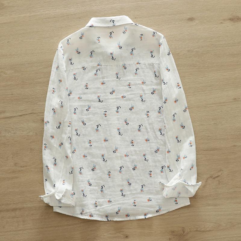 Løvetannmønstret bomullsgarn langermet skjorte for kvinner om høsten løs slankende skjorte topp bluser og skjorter