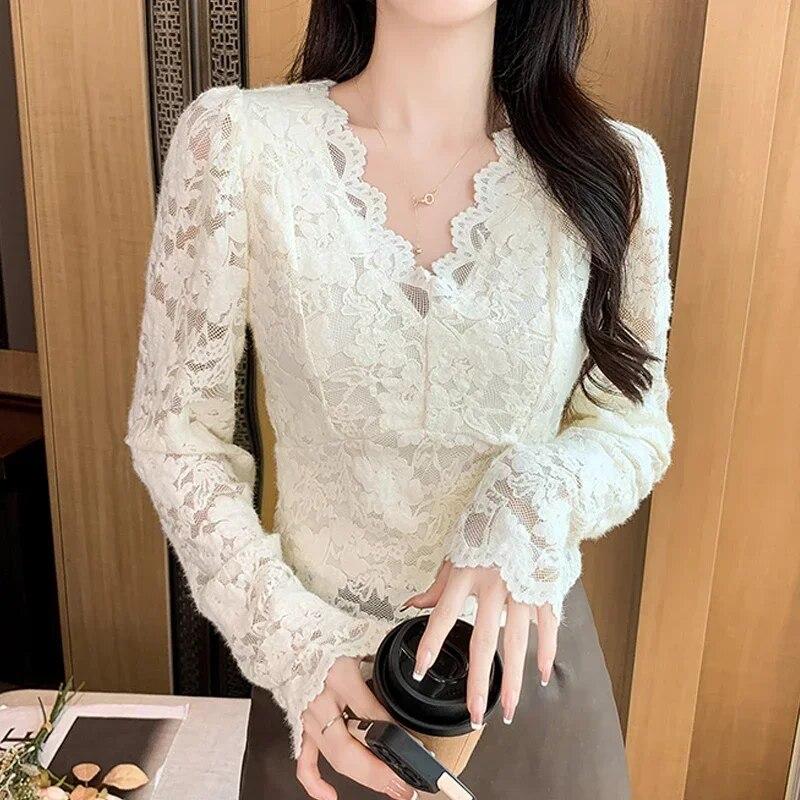 Podzimní ležérní vlnění skládané kancelářské topy Módní flare Krajková košile s dlouhým rukávem Zimní háček Květina Blusas s dutým výstřihem do V 29902