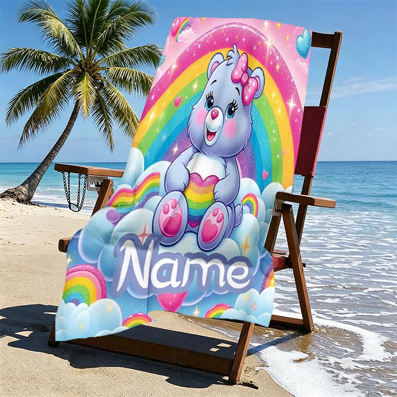 Custom Name Personalized Care Bears Print Beach Towel, for Trip Camping Beach Party Home Decor, Birthday Gift for Family & Friends