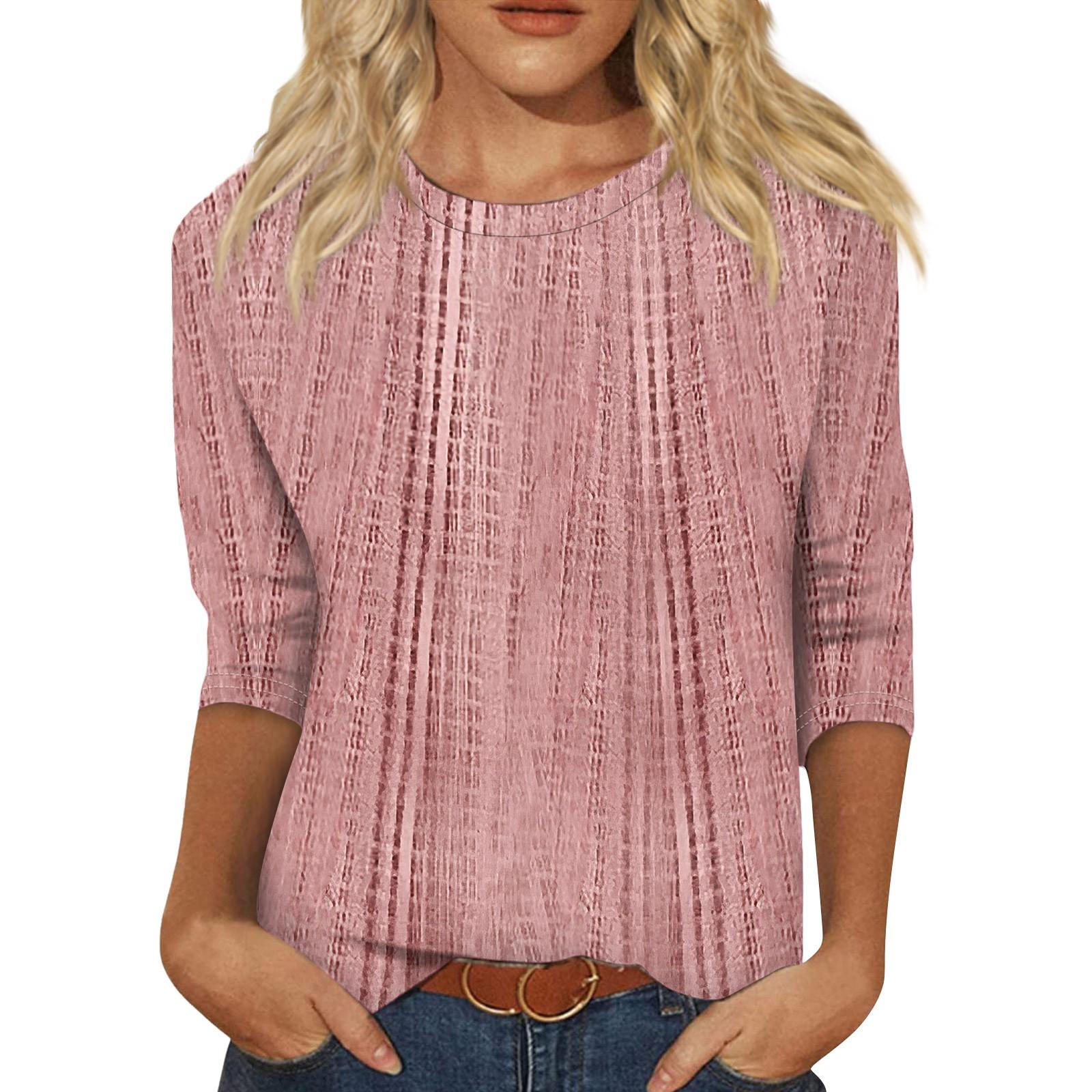 

Женская мода повседневная три четверти рукав текстурированный принт круглый вырез топ XL розовый