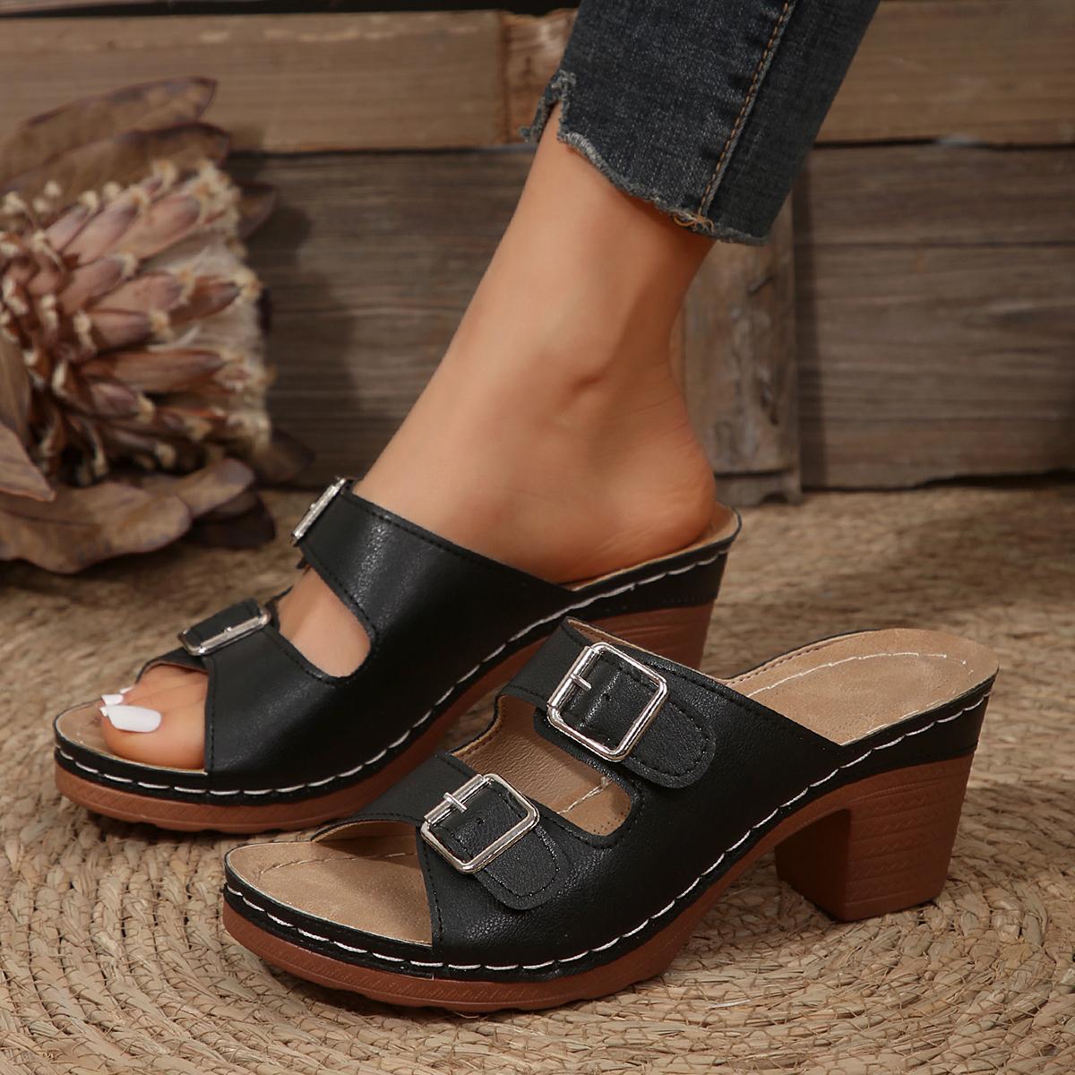 

Летние женские босоножки на танкетке с металлической пряжкой, прошитые на толстом среднем каблуке, повседневные и удобные шлепанцы Fishmouth 36 чёрный