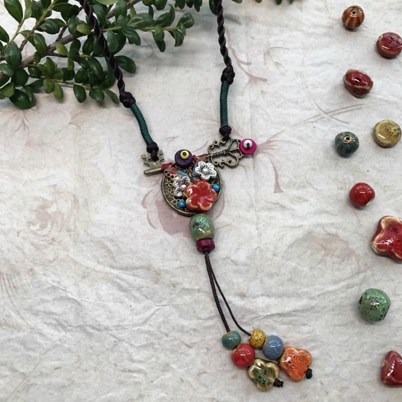 New Forest handmade ceramic necklace, women's retro versatile sweater chain simple long accessories pendant