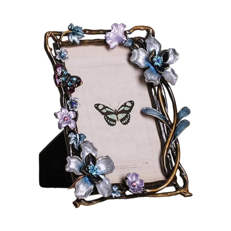 Elegant Emaille Bloemen Vogel Metalen Fotolijst Met Strass Accent Antiek Fotolijstje Voor Tafelblad Planken Decoraties