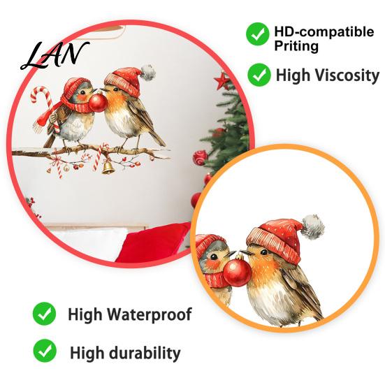 Festive Watercolor Art Decor Christmas Birds On Tree Branch Wall Sticker, Cute Bird Decal DIY Holiday Room with Ball, Candy Cane, Bell for Bedroom,