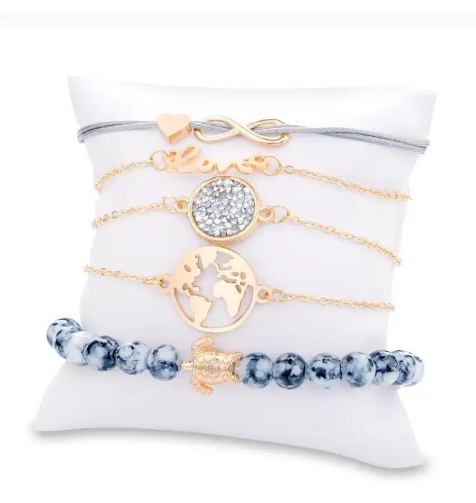 

5 шт./компл. браслет ручной работы в стиле Богемия с черепахой, буквой «бесконечность», картой любви, набор женских браслетов для женщин, белый браслет-цепочка из веревки 5pcsset