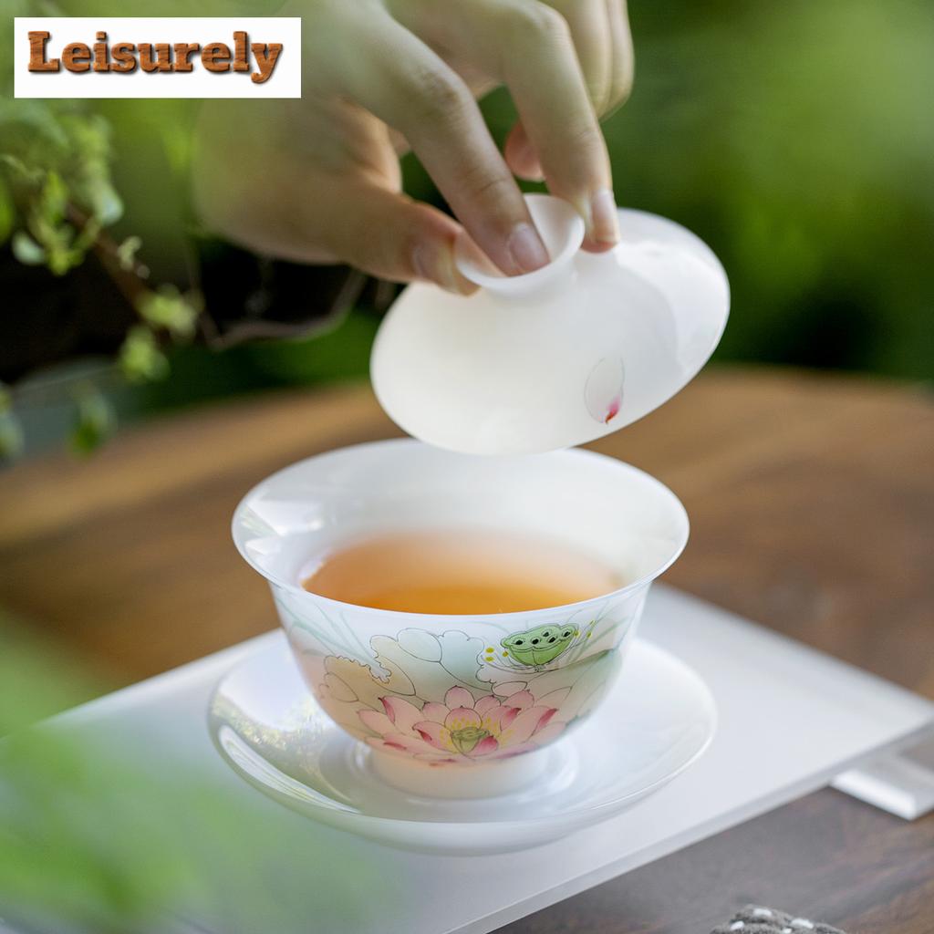 140ml Weißer Jade Porzellan Handbemaltes Gaiwan Antike Tee-Terrine Teeschale mit Deckel Set Teezubereitungsdeckelschale Cha Zubehör Geschenk