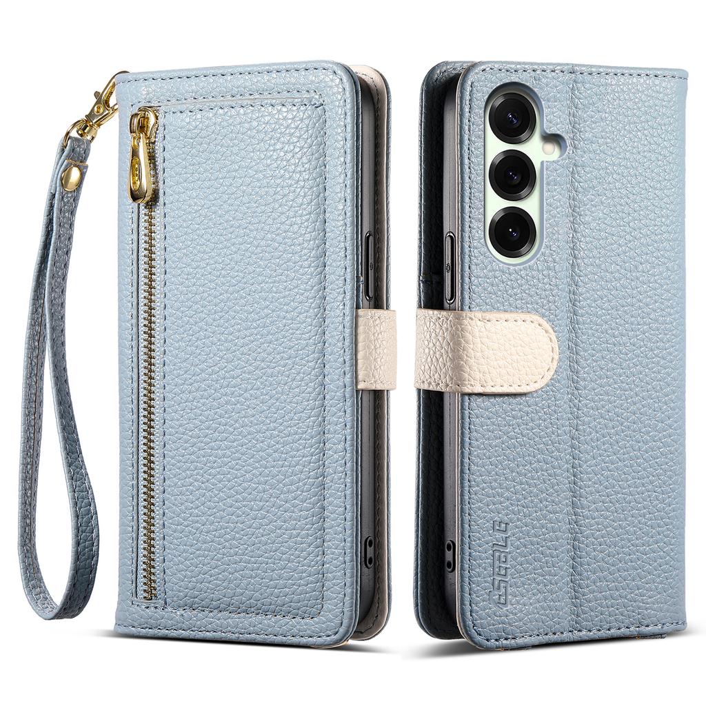 ESEBLE E11 For Samsung Galaxy S25 Case Zipper Pocket Litchi Texture Leather Phone Cover with Mirror and Wrist Strap