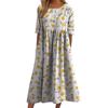 Light Gray Yellow Flower Printed Cotton and Linen Long Dress Round Neck Seven-quarter Sleeve Belly Cover Lazy Versatile Seaside Vacation Pocket Dress
